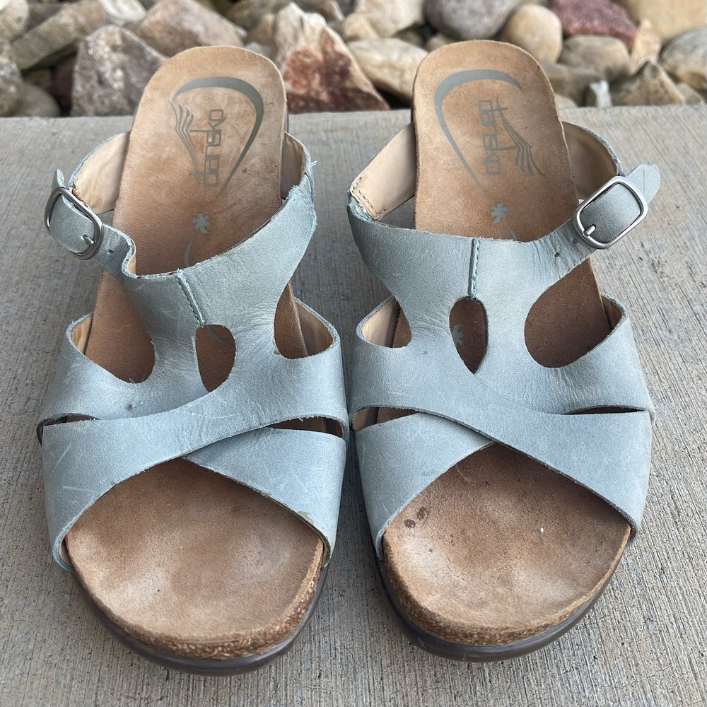 Dansko Sandals Women Shoes Size 40 US 10 Leather Kai Slip-On Wedge Dusty Blue